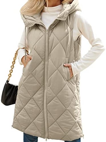 MEROKEETY Womens Winter Mid Long Zipper Puffer Vest Hooded Sleeveless Lightweight Jacket Coats, Khaki, S