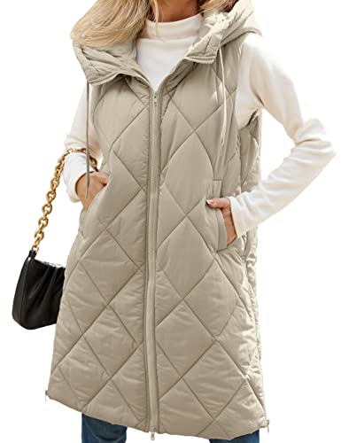 Merokeety Womens Winter Mid Long Zipper Puffer Vest Hooded Sleeveless Lightweight Jacket Coats, Khaki, S #TOP11