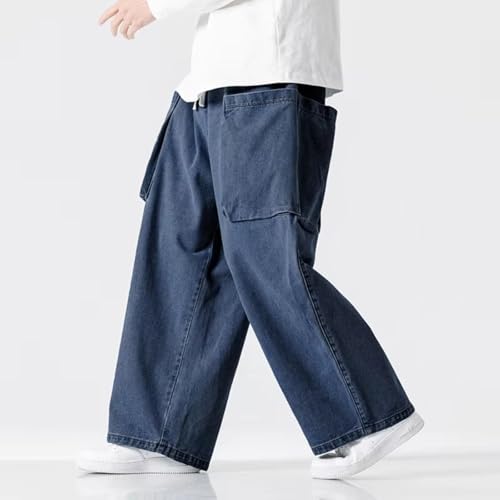 Jeans Men Loose Wide Leg Pants Men Vintage Elastic Waist Cargo Jean Pants Male Hip Hop Big Pocket Trousers3