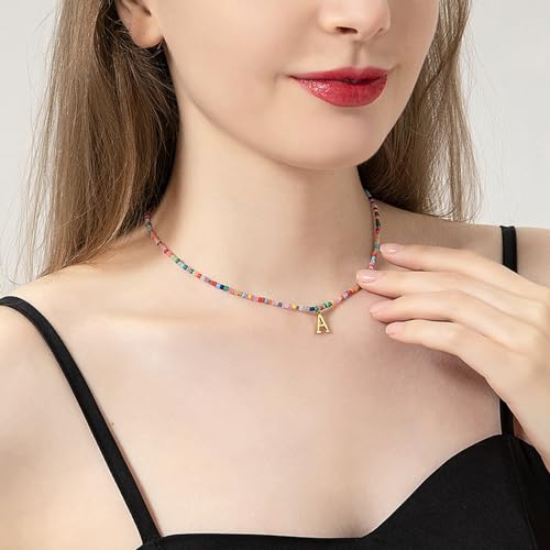 Gold Initial Necklace for Women Teen Girls, Handmade Colorful Beaded Letter Necklace Jewelry, Cute Necklaces with Initials as Trendy Stocking Stuffers Christmas Birthday Gift3