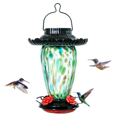Muse Garden Solar Hummingbird Feeders for Outdoors Hanging, 38oz Hand Blown Glass Humming Bird Feeders for Garden Decor, Moms Birthday Unique, Green