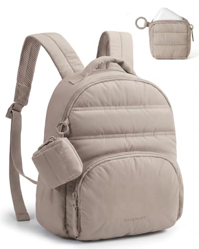 BAGSMART Small Backpacks for Women, Lightweight Puffer Mini Backpack Purse with Pouch, Quilted Casual Daypack, Water-Resistant Bookbag for Daily Travel College, 2-in-1 Set, Latte Brown