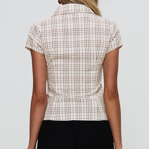 Image of Y2k Girls Vintage Coquette Button Down Shirt Women Short Sleeve V-Neck Slim Fitted T-Shirt Cute Blouse Crop Top