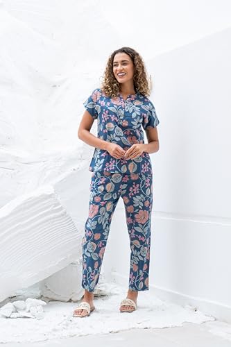 Image of SANSKRUTIHOMES Women's Premium 100% Cotton Printed Co-Ord Set | Short Sleeve Shirt & Pant Set | Pink Checkered Sun & Palm Tree Print | Casual Summer Resortwear, Vacation Wear & Comfortable Loungewear