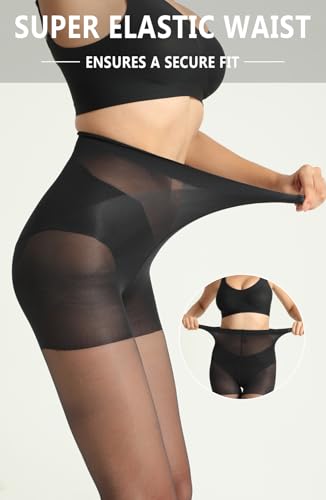 MERYLURE Tummy Control Pantyhose for Women, Control Top Black Tights 20D Sheer Shaping Nylon Support Stockings 2 Pairs4