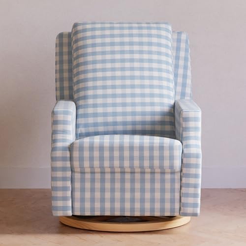 NAMESAKE-Crewe-Recliner-and-Swivel-Glider-in-Blue-Gingham-with-Light-Wood-Base-Greenguard-Gold-CertiPUR-US-Certified NAMESAKE Crewe Recliner and Swivel Glider in Blue Gingham with Light Wood Base Greenguard Gold CertiPUR US Certified