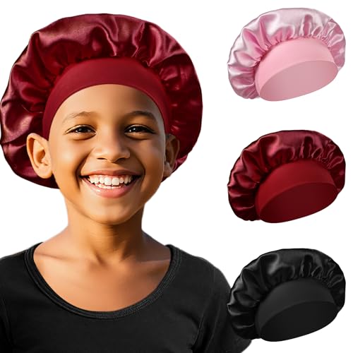 AOOWU Gorro de Dormir para Bebé, 3 Piezas Gorros de Satén para Niños, Ajustable Gorro de Seda Suave Gorro para Bebé, Gorro de satén de Seda Suave, Negro, Rosa y Rojo Vino