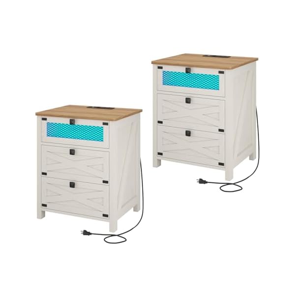 Hasuit farmhouse night stand set of 2 for bedroom rustic vintage white nightstand with charging station and led lights bedside table with 3 drawers retro side end table with storage  urban country home decor