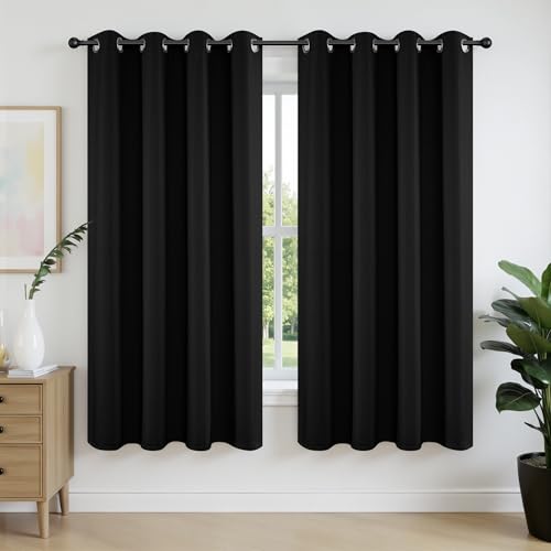 Joydeco Blackout Curtains 63 Inch Length 2 Panels Set, Thermal Insulated Long Curtains& Drapes 2 Burg, Room Darkening Grommet Drapes for Living Room Bedroom Window (W52 x L63 Inch, Black) Bl