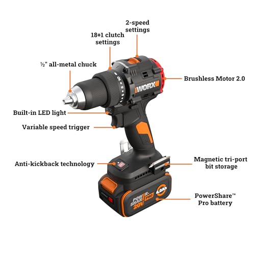 WORX Cordless Drill Driver, 20V 930 in·lbs Brushless Power Drill Driver, Powerful and Faster Drilling and Driving, Compact 6.3" length, 20V 4.0 Ah Battery and Charger Included, PowerShare thumbnail 7