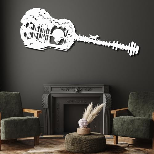 Metalowa czarna gitara, zachód słońca na ścianie, metalowa abstrakcyjna gitara, duża muzyczna dekoracja ścienna, dekoracja palmy, nowoczesna rzeźba do salonu, sypialni, korytarza i schodów (