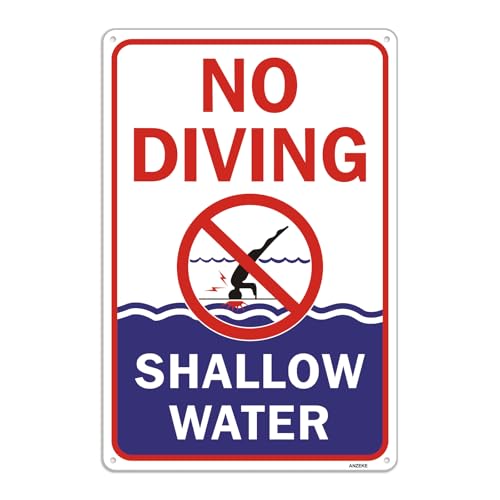 ANZEKE No Diving Sign 12x8 No Diving Pool Signs Rust Free Reflective Aluminum No Diving Shallow Water Sign Fade/Weather Resistant Waterproof UV Protected Pool Safety Signs Easy to Install