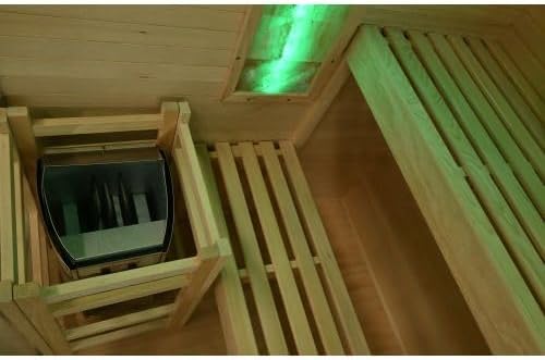 நெருக்கமான காட்சி view of the Harvia sauna heater inside the sauna cabin