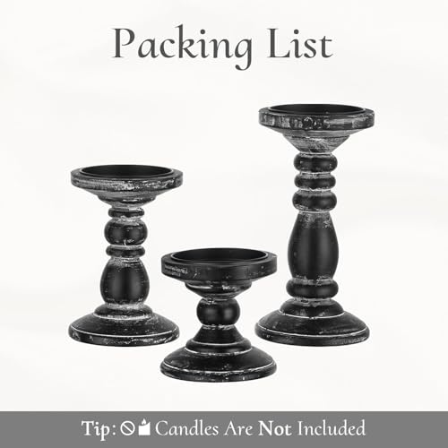 Inweder Wood Pillar Candle Holder: 3Pcs Rustic Black Candle Holders for Pillar Candles Wood Candle Holders Distressed Wooden Farmhouse Candle Holder Large Rustic Candle Holder for Fireplace Table
