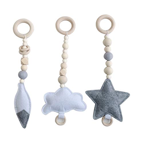 Manyo. 3 Pcs Jouet Anneau Dentition Étoile, Pendentif Bébé Bois sans BPA, Nordique Bébé Accessoire de Gym pour Portique d'éveil Bois Bébé Portique d'activités (Gris)