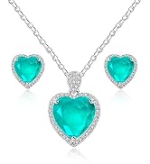 Uloveido Simulated Paraiba Tourmaline Stud Earrings and Pendant Necklace, Halo Heart Shape Jewelr...