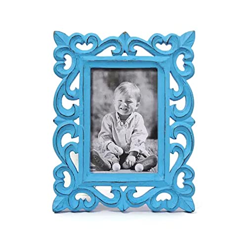 Image of Wooden Hand Carved Rectangular Photo Frame for Wall Mounted and Tabletops Display - 5x7 Inches Picture Frame - Wood Carving Decorative Home Decor Accessories Distressed Finish (Blue)