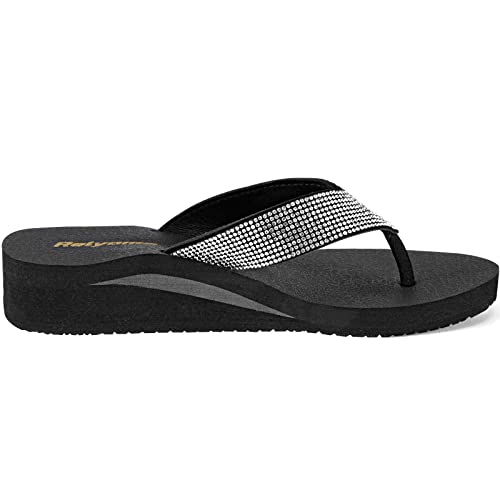 Image of Womens Rhinestones Flip Flops Arch Support Mid Platform Bling Comfortable Flip-flops Jewel Dressy Thong Sandals,T-Strap Black US 9