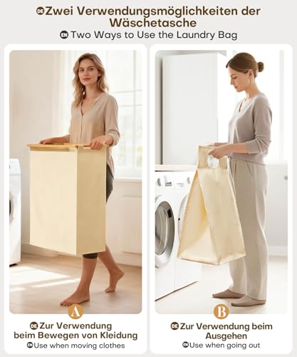 Yorbay Wäschekorb 3 Fächer Bambus: 140 L Wäschesammler mit Ablage Handtuchhalter & kleine seitliche Taschen - Wäschesortierer für Bad Schlafzimmer und Waschküche 87 x 41 x 77 CM Beige