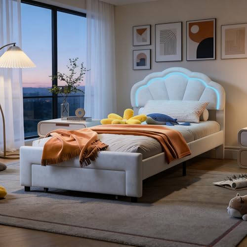 BRILVERDE Lit Rembourré 90x200cm avec Éclairage LED, Lit Design Fleur en Velours Beige, Cadre de Lit avec Grand Tiroir de Rangement, Sommier à Lattes en...