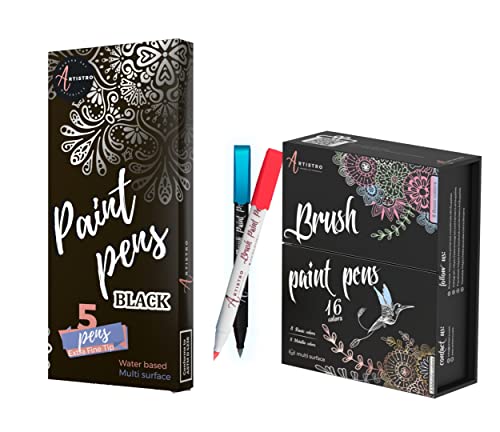 Artistro 16 Acrylic Paint Pens Brush Tip And 5 Black Acrylic Paint Pens Extra Fine Tip, Bundle For Calligraphy, Scrapbooking, Brush Lettering, Card Making, Sketching, Rock Painting, Ceramics #TOP15