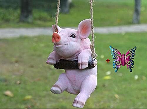 Amusing Pig Swinging Statue Figurine Indoor Outdoor Ornament Home Garden Decor (White Pig)