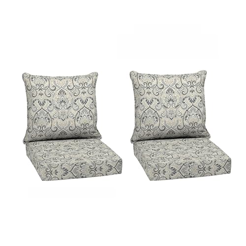 Image of Arden Deep Seat Outdoor Chair Cushion Set (2-Pack), 24 in x 24 in, Weather-Proof, Rain-Proof, Fade Resistant Patio Cushion Set for Chair, Sofa, and Couch Neutral Aurora Damask