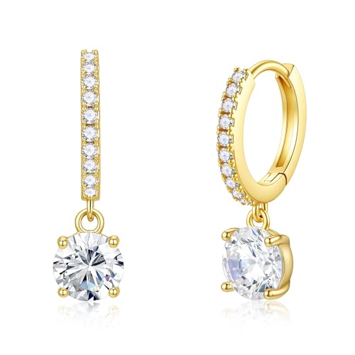 Image of Turandoss Gold Hoop Earrings for Women, Hypoallergenic 14K Gold Plated Huggie Drop Earrings Small Cartilage Huggie Hoop Dangle Earring with Round Cubic Zirconia Charm Drop Dangling Earring for Girl