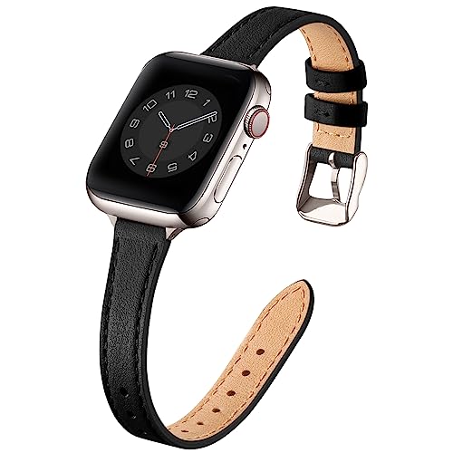 Image of STIROLL Slim Leather Bands Compatible with Apple Watch Band 49mm 46mm 45mm 44mm 42mm(Series 3 2 1), Top Grain Leather Watch Thin Wristband for iWatch Ultra SE Series 11 10 9 8 7 6 5 4