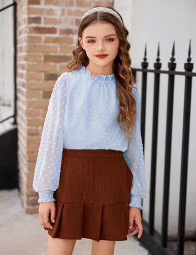 Image of Arshiner Girls Long Sleeve Shirts Chiffon Blouses Swiss Dot Frill Neck Top