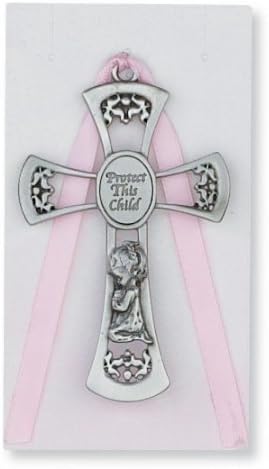 Pewter Pink Crib Cross with Card for Baby Girls