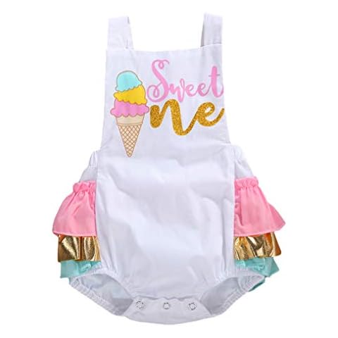 Cute Baby Girl First Birthday Outfit Halter Romper Ice Cream Cake Smash Bodysuit Sunsuit - - 6-12 months Cover