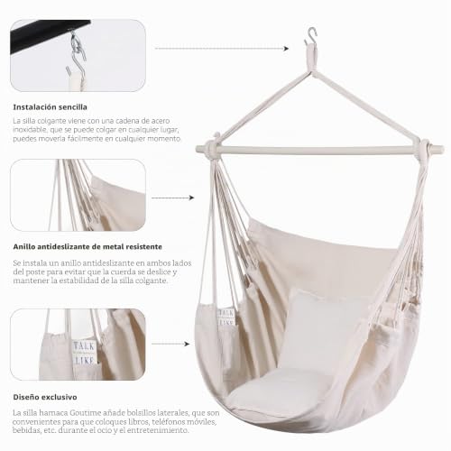 Silla hamaca de algodón beige con dos cojines Goutime para terraza 5