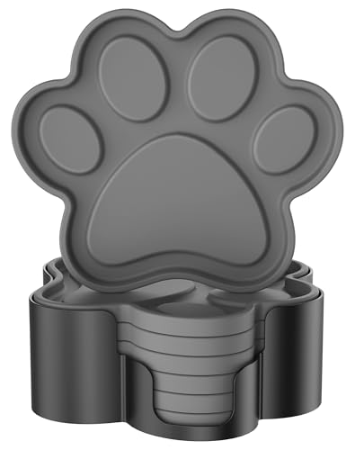 ME.FAN Silicone Coasters 6 Pack Paw Cup Mat with Holder, Dog Cat Paw Shape, for Hot or Cold Drink, Non-Slip, Non-Stick, Room Decor, Housewarming Deep Grey