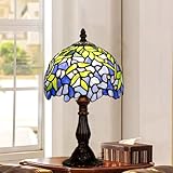 SLFFLS Blue Green Leaf Stained Glass Small Table Style Purple Wisteria Desk Light, Amber Alloy Base, Night Lamp for Bedside Decoration Desktop