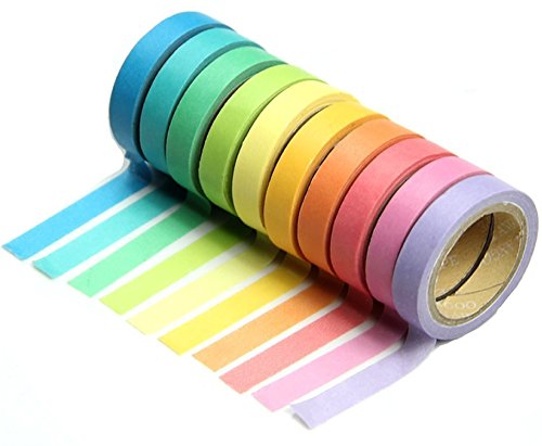 Demarkt 10 Rouleaux Washi Tape, Bricolage Décoratif Adhésif Autocollants 7mm Rainbow Paper Bande Papeterie étudiant fournitures Cadeau Scolaire (10 Couleurs Assorties) Cover