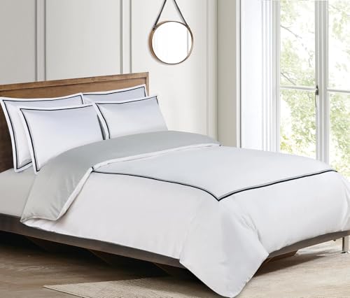 Majestic Giftware Madison Linen 4 Pcs 48" Full Size Duvet Bedding Set (BL57-48F-4pcs) Lyon - Navy/Gray 400 TC 100% Cotton Sateen |1 Fitted Sheet, 1 Duvet, 2 Pillowcases - Noble Collection