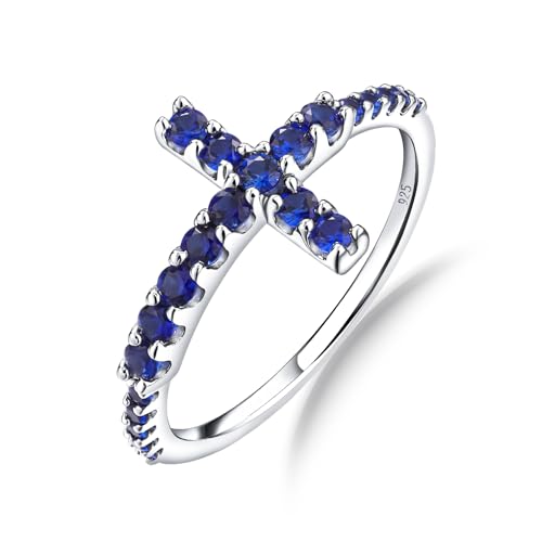 DAYBYDAY Cross Ring for Women 925 Sterling Silver Black Moissanite/Blue Sapphire Sideways Cross Rings Half Eternity Stackable Anniversary Wedding Bands Christian Religious Jewelry