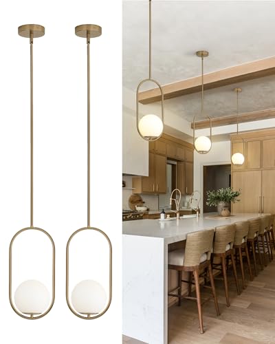 Yunnix Pendant Lights Kitchen Island Pendant Light Fixtures 2 Pack Modern Champagne Bronze Globe Glass Pendant Lighting Mid Century Chandelier One Light for Bathroom Bedroom Dining Room