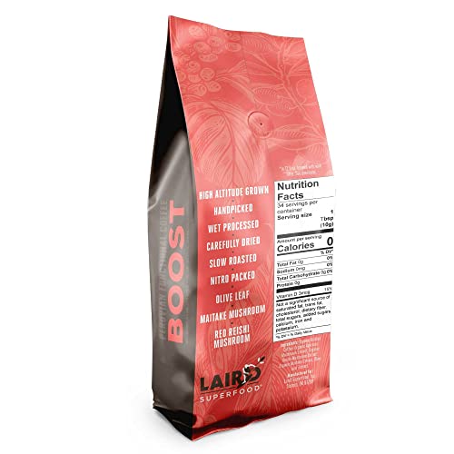 Laird Superfood Boost Coffee, Medium Roast Ground Beans Infused With Functional Mushrooms, Vitamin D And Olive Leaf Powder, 12 Oz. Bag #TOP1