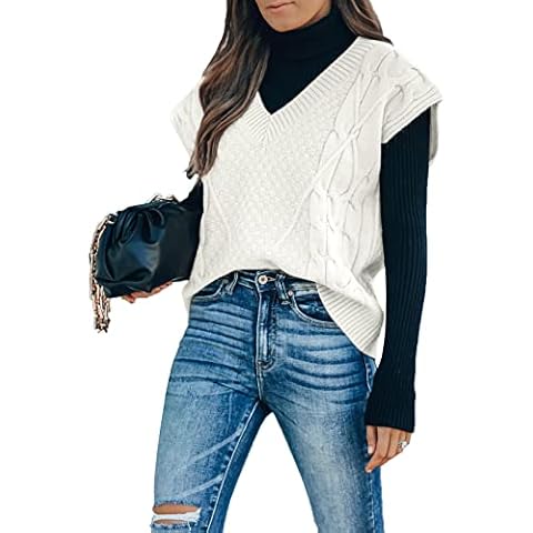 Wotcsil Women's Sleeveless Jumpers Sleeveless Sweater for Women Knitted Vest Women V Neck Casual Basic for Spring Autumn Beige White S-XXL Cover