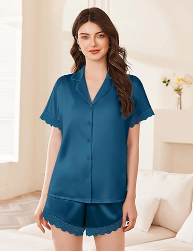 Image of Ekouaer Womens Lace Satin Pajama Set Button Down Pj Shorts Set Bridesmaids Getting Ready Outfits Casual Sleepwear XS-XXL
