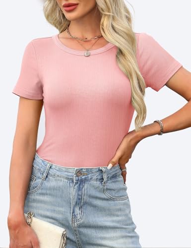 GKBK Ribbed Short Sleeve Tops for Women Crew Neck Fitted Tight Shirts Layering Top Basic Tee Tshirts Cute Summer Tops Casual Spring Clothes Outfits 2026 Trendy Pink — view 3