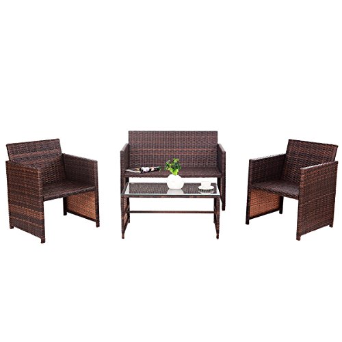 Image of Carry Bird 4 Piece PE Wicker Rattan Outdoor Furniture | 4 Seater Balcony Sofa With Tea Table | Set of 2+1+1 Outdoor Patio Chairs with Coffee Table | Sofa Sets & Center Table for Home & Garden | 3 Piece Patio Stools with Table | Indoor Patio Furniture Set Space Saving | Rattan Chair | Patio Set | Wicker Conversation Set | Poolside Lawn Arm Chairs Set For Balcony & Terrace | Balcony Table chair Set | Hotel Patio Seating Chair & Table Set with Glass | Brown Sofa Cream Cushion
