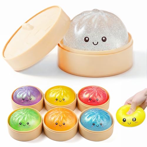 1 PCS Dumpling Stress Ball, Glitter Sugar Squishy Fidget Toys, Random Colors Sensory Dumpling Stress Relief Fidget Toys, Slow Rising Squeeze Sugar Squishy Ball with Steamer for Kids Adults Desk Decor