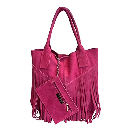 Modarno Sac à main en daim véritable pour femme avec frange et étui à bijoux de la même couleur - Sac à bandoulière, fuchsia