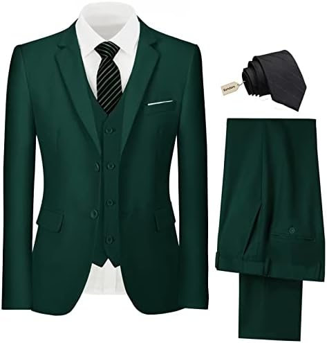 Men's Suit Vintage Retro Slim Fit 3 Piece Suit Set Wedding Prom Suits Blazer Dinner Groom Tux Jacket+Vest+Pants with Tie Dark Green XXL