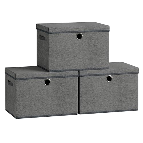 SONGMICS Boîtes de Rangement avec Couvercle, Lot de 3 Cubes Rangement en Tissu, Panneaux Intérieurs en PP Inodore, Pliables, Empilables, avec Poignées, 43 x...