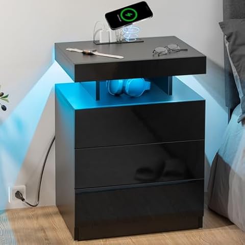 HOMMPA LED Nightstand with Wireless Charging Station & USB Ports, 3 Drawer Night Stand with LED Light RGB Adjustable Brightness, Smart Nightstand High Gloss Bedside Table for Bedroom Black Cover