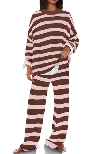 Image of SENSERISE Womens Striped Set Sweater Lounge Sets | Pajamas Set, Loungewear Set, Oversized Knit Sweater, Wide Leg Pants with Pockets, Fall Outfits, Pants Set